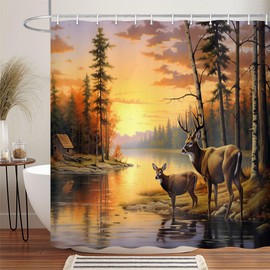 DYNH Elk Shower Curtain Animals Theme, Deer Safair in Stream River at Forest Sunset Shower Curtain, Fabric Bathroom Decor Accessories, Bath Curtains 12 PCS Hooks, 69X70IN