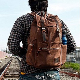 Vintage Unisex Casual Leather Backpack Canvas Rucksack Bookbag Satchel Hiking Backpack Travel Outdoor Shouder Bag