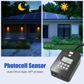 Outdoor Digital Timer for Lights, 7-Day Programmable Plug Waterproof in Timer with 2 Grounded Outlets for Landscape String Light, 15A, 1/2 HP UL Listed, 7 Day Dusk to Dawn Programmable Timer