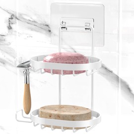 MASADI 2 Tier Soap Dish Holder, Wall Mounted Soap Tray with Drainage, Shampoo Bar Caddy for Shower Wall, Soap Savers, Razor Holder for Shower, Bar Soap Container 304 Stainless Steel, Bathroom(White)