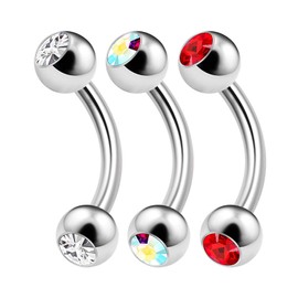 KJM Fashion 3 x Steel Banana Barbell Earrings 1.6 mm 14 g, Stainless Steel