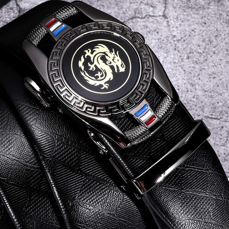 Barry.Wang Black Belt for Men Dragon Designer Buckle Chinese Sliding