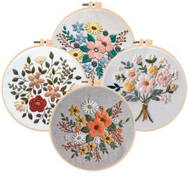 Huacan Embroidery Kits Flower for Adults Beginner 4 Pcs DIY Cross Stitch Stamped Flowers Pattern Stitching Sewing Kit 7.9 x 7.9 Inch