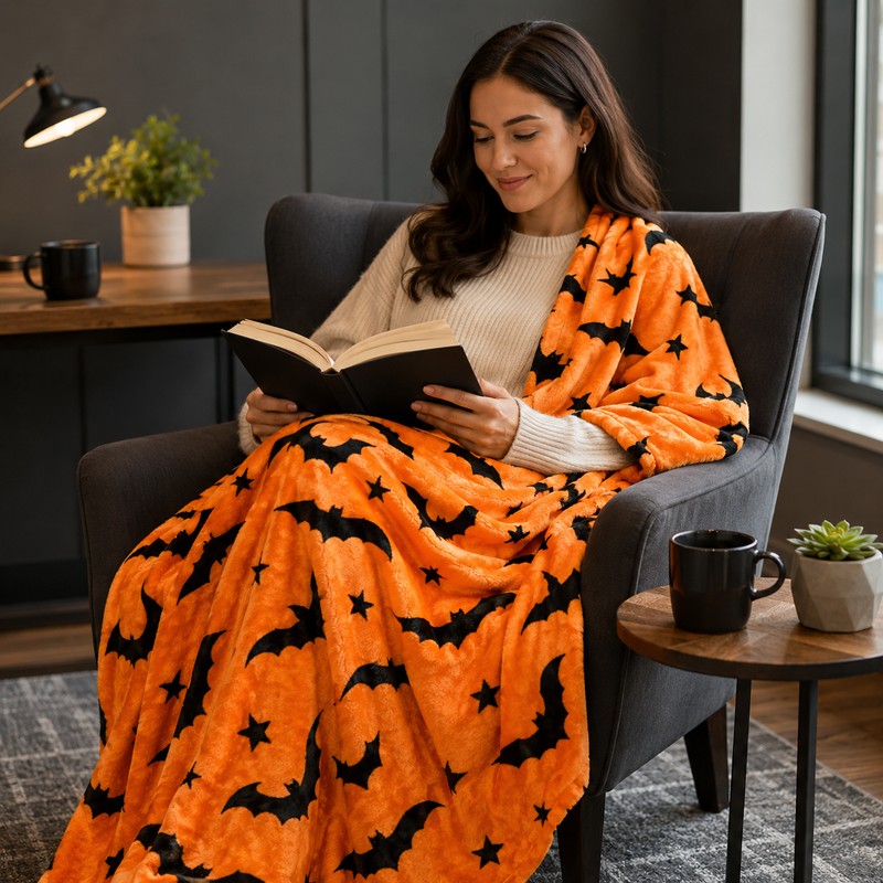 Black Bat Print Flannel Throw Blanket – Soft Lightweight Blanket
