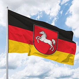 Lower Saxony Flag 150 x 100 cm - for Flagpole, Lower Saxony Flag with Crest, Made of Tear-Resistant Polyester, Weatherproof and UV-Resistant