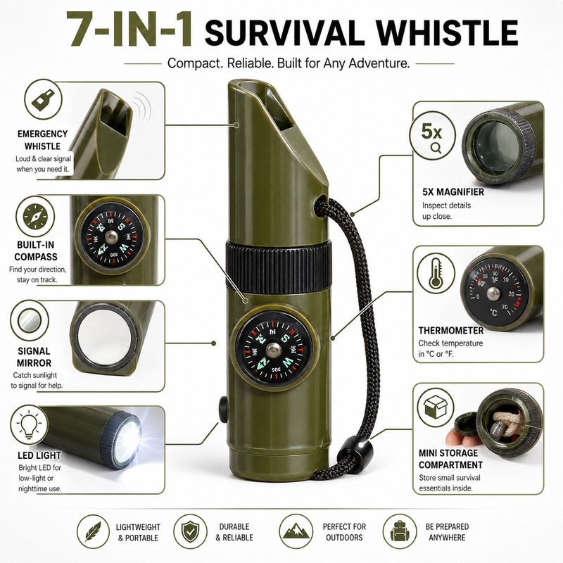 7-in-1 Survival Whistle Tool for Camping – Compact Compass, LED