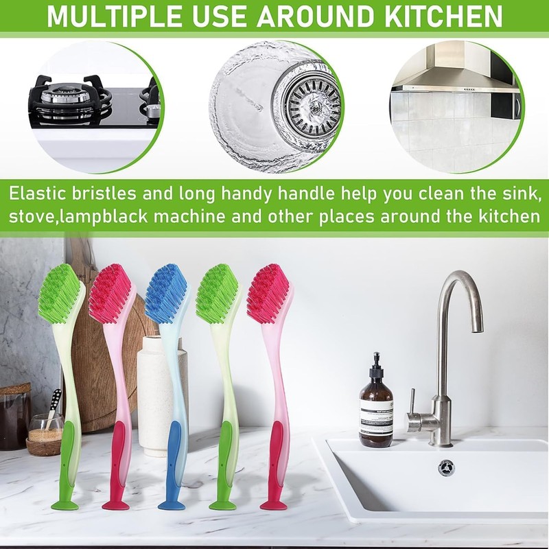 6 Pack Long Handled Dish Brush,Dishwashing Brush with Suction Cup,Multi