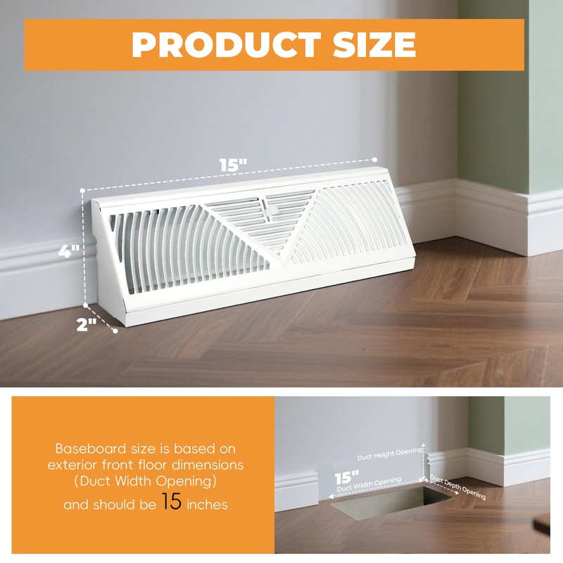 15 Inch Baseboard Register Vent (Duct Opening Size), 3 Different