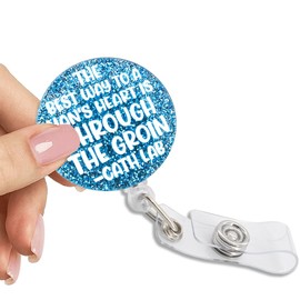 Pishovi The Best Way to A Man's Heart Through The Groin Cath Lab Glitter Badge Reel with Clip, Funny Badge Holder for Cardiac Pathology Specialist Cath Lab Staff Cardio Nurse Catheter Technician