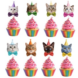 24 Pcs Adorable Cat Cupcake Topper,8 Unique Designs About Cute Cats with Party Hats Cupcake Decorations for Cat Theme Birthday Party Supplies