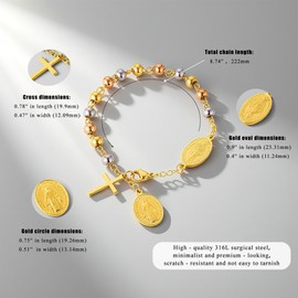 Hengbofeng Bracelets for Women,three-color bracelet（Gold, steel, rose gold）, Womens Cross Christian Jewelry, Stainless Steel Embossed Jesus Round Bracelet, Suitable for Weddings, Engagements, Parties, Can Be Given to Friends, Partners, and Relatives