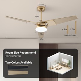 Esiovco Ceiling Fan with Lights and Remote, 3 Blade App Control Timer Reversible Stepless Brightness and Color Temperature Outdoor Wood Ceiling Fan with Lights (Gold, 52 In)