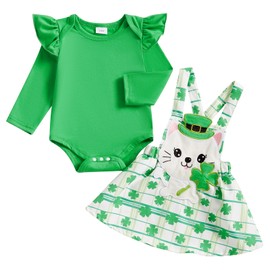 Dobeiokal St Patricks Day Baby Girl Outfit Green Long Sleeve Romper Overall Dress Cute Newborn Girl St Patricks Day Outfit(B-Green Cat,3-6 Months)