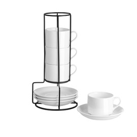 Meichu 4oz Porcelain Stackable Espresso Cups with Saucers and Metal Stand Set of 4-White