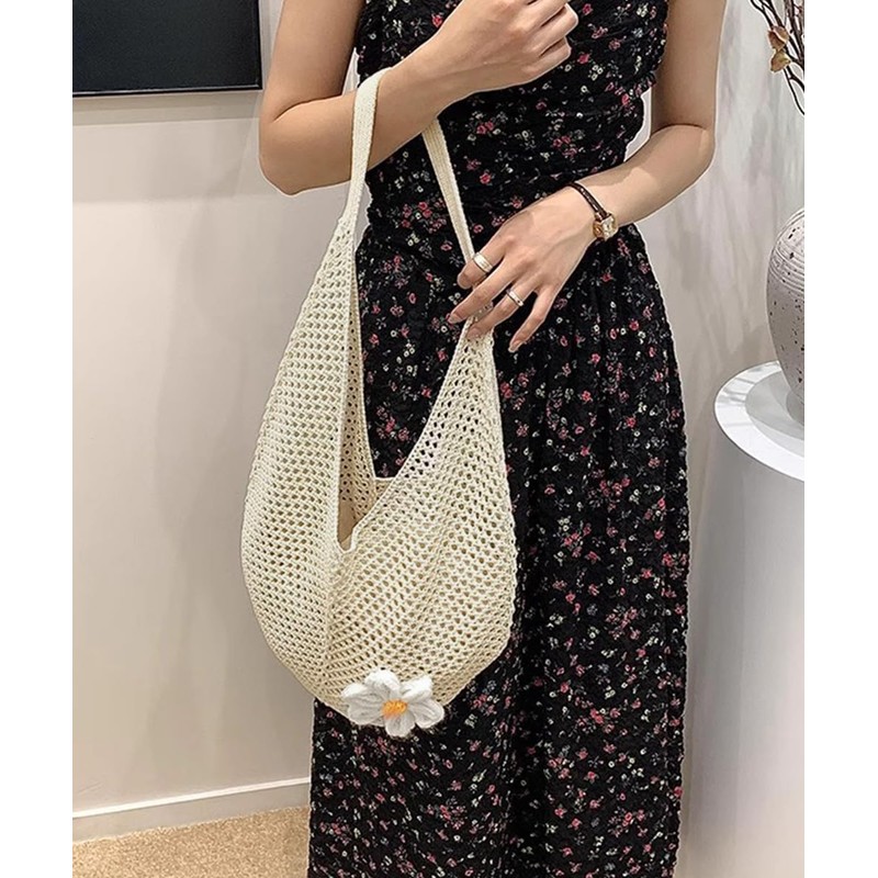 [miniministore] トートバッグ花モチーフ付き編みバッグ軽量（ブルー，ワンサイズ）