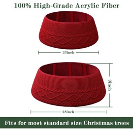 Knitted Christmas Tree Collar: Burgundy Red Crossed Diamond Textured Chunky Cable knit Christmas Tree Collar for Artificial Trees, Rustic Farmhouse Tree Ring Tree skirt for Xmas Holiday Home Décor