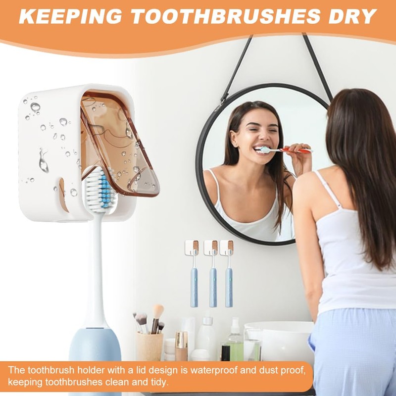3‑Pack Wall‑Mount Toothbrush Holders with Flip‑Cover,No‑Drill Adhesive Single‑Slot Bathroom Organizer