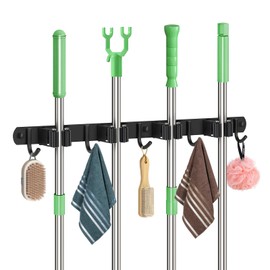 Sampoes Broom Holder Wall, Broom Holder, Stainless Steel, Tool Holder, Wall Mount with 4 Holders and 5 Hooks, Broom Hanging Garden Tool Holder, Broom Mop Holder for Home, Garden, Kitchen, Garage