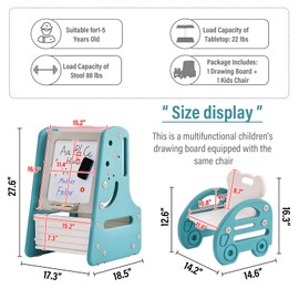 Tiita Kids Table and Chair Set, 3 in 1 Convertible Art Easel & Display Bookshelf w/Magnetic Painting Board, Bottom Storage Shelf, Children Activity Table Set for Drawing Reading, Blue