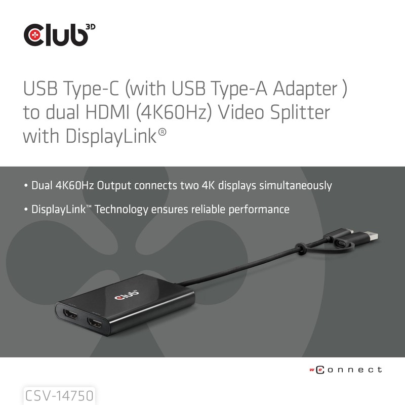 Club3D CSV-1475 USB Type-C (with USB Type-A Adapter) to Dual