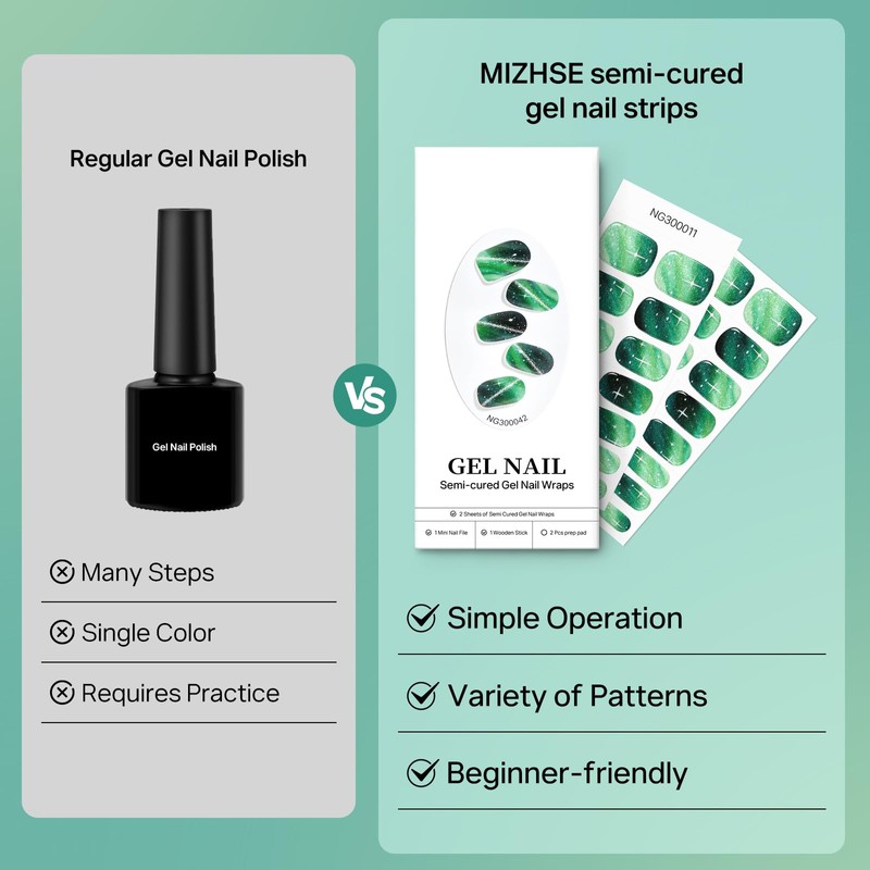 MIZHSE Semi Cured Gel Nail Strips, Green Cat Eye 30PCS
