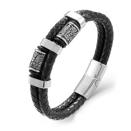 SeiMios Mens Leather Bracelet 8.5" Viking Multi-Layer Braided Wristband Bangle Stainless Steel Jewelry Gifts for Him