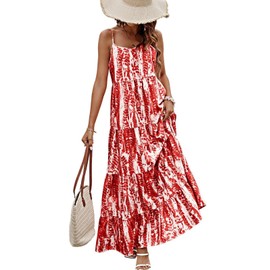 PRETTYGARDEN Women’s Summer Casual Loose Sleeveless Floral Sundress Spaghetti Strap Tiered Maxi Dress Flowy Beach Dresses (Burgundy, Small)