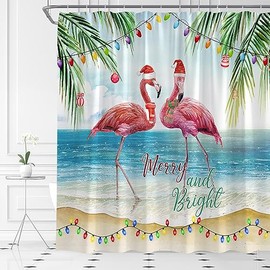ASVEAS Christmas Flamingo Shower Curtain Tropical Bird Pine Tree Santa Hat New Year Holiday Fabric Bathroom Decor Set with Hooks（70" WX70 H）