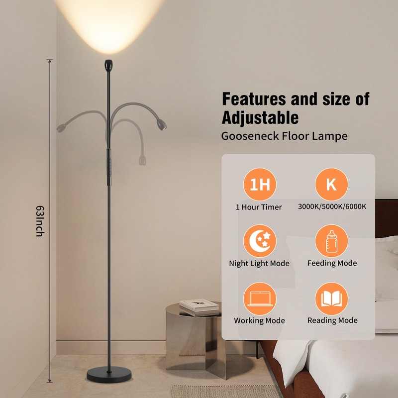 Powfloven Adjustable Gooseneck LED Beam Floor Lamp, Standing Reading Lamp