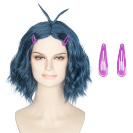 Koonfan Women Short Wavy Blue Wig with Purple Hairpins Center Part Anime Cosplay Wig