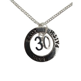 Silver Plated Necklace Birthday Anniversary Number 30 Charm Love Hope Faith Circle