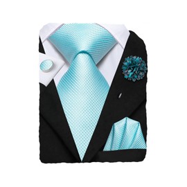 Hi-Tie Juego de corbatas de boda y pines de solapa para hombre, diseño de jacquard, de seda, con bolsillo, para fiestas, bailes, negocios formales, Azul-cielo, Medium