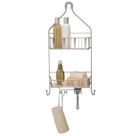 Laura Ashley Aristo Shower Caddy | Dimensions: 10"x 4"x 22" | Durable | Holds Large Bottles | 4 Razor Hooks | 2 Hooks | Holds Luffas | Holds Wash Clothes | Shower Accessories| Satin