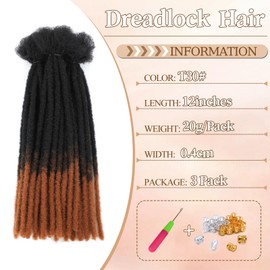 DXdixiu Dreadlock Extensions Synthetic Hair 30 Strands 100% Full Handmade Permanent Loc Extension Hair for Women/Men/Kids Daily Wear & Parties (T30)