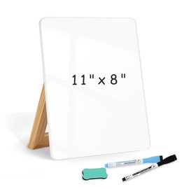 WALGLASS Desktop Glass White Board 11"x 8" with Reversible Wood Stand, Small Dry Erase Board, Portable Whiteboard for Desk, Reusable Desk Notepad with 2 Markers&Eraser for Home, Office