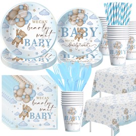 Suhelkit Bear Baby Shower Decorations Tableware - We Can Bearly Wait Baby Shower Decorations Boy, Paper Plate, Napkin, Cup, Cutlery, Tablecloth, Blue Teddy Bear Baby Shower Party Supplies | 24 Guests