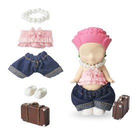 5PCS Doll Clothes for Sonny Angel, Fits 3 Inch Minifigures Outfit Includes Pants, Top, Shoes, Necklace & Suitcase, Cute Display and Decoration Accessories for Collectors, Doll Not Included (Pink)