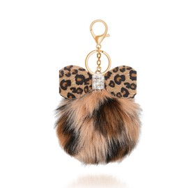 Plush keychain with Leopard Bow keychain for Purse Charms for Handbags Kawaii Leopard Print Fluffy Key Chains for Car Keys Accessories for Women Girls Bag Charms for Backpacks Leopard Fur Ball Keyring