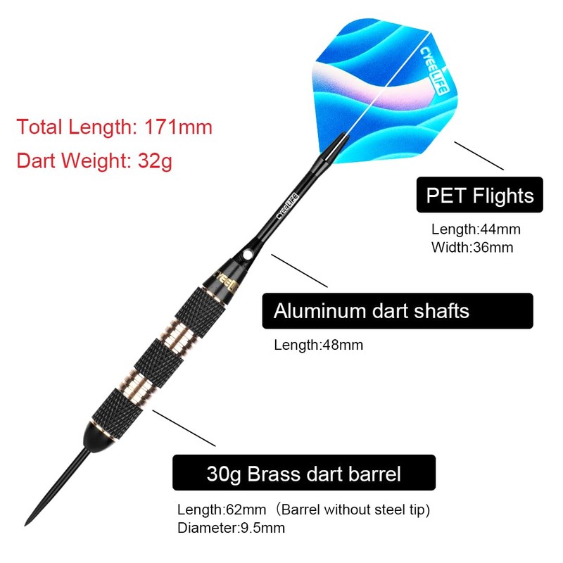 CyeeLife Steel Darts Set 30g Brass Barrels with Shafts Flights