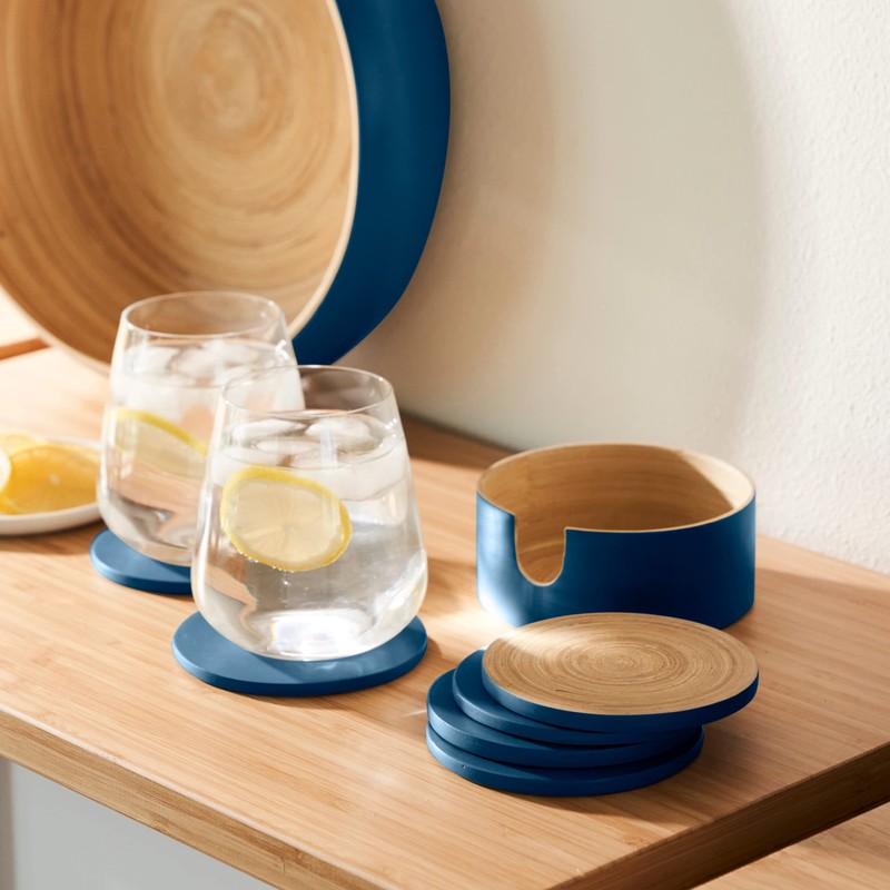HABITAAS Spun Bamboo Coasters for Drinks - Coaster Set with