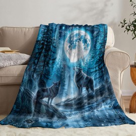 Decorative Blue Wolf Throw Blanket, Fuzzy Soft Cozy Flannel Blanket for Home Bed Sofa Couch, Moon Wolves Howling Design, 50x60 Inch