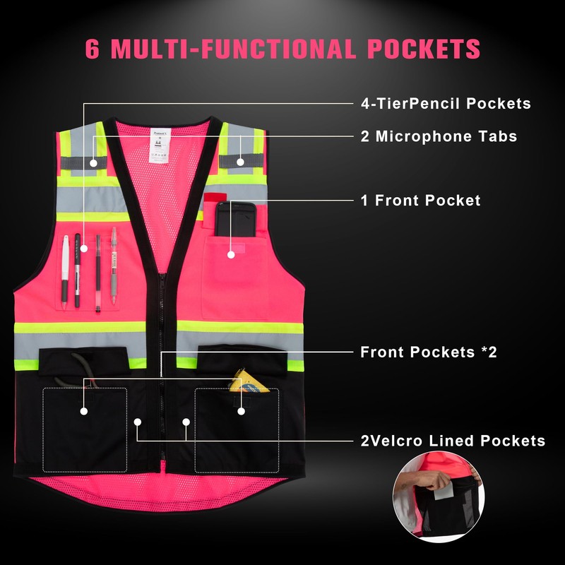 ProtectX 6 Pockets High Visibility Safety Vest for Men Women