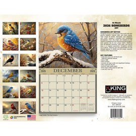 2026 Songbirds Wall Calendar 16-Month X-Large Size 14x22, Illustrated Bird Calendar by The KING Company-Monster Calendars