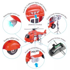 Vokodo Toy Fire Rescue Helicopter 11" With Lights And Sounds Push And Go TE-51