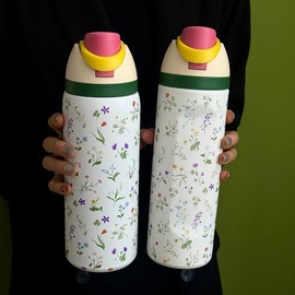 Floral Pattern Stainless Steel Vacuum Flask, 1 Count Portable Insulated Water Bottle with Straw, Drinking Cup for Home Office School Outdoor Camping, Drinkware:_ Small fresh flowers and plants - white cup body_40oz