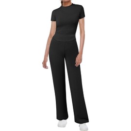ZANZEA Women's 2 Piece Lounge Sets Short Sleeve Pajama Set Ribbed Knit U Shaped Hem Tshirt, Black, Medium