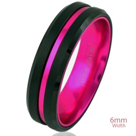 Fantabulous 6mm/8mm Brushed Satin Finish Black Tungsten Carbide Band Ring w/Hot Pink Stripe & Hot Pink Anodized Aluminum Inner Band feat. Comfort Fit. (tungsten (6mm), 11)