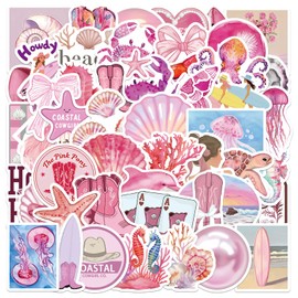 PKLVP 50 Pcs Aesthetic Stickers, Ocean Beach Pink Summer Waterproof Sticker for Water Bottles, Gifts