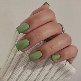 Light Green Nails Press ons, Press on Nails Medium Square Glue on Nails Short Acrylic Fake Nail Medium Coffin False Nails for Women, Thick Solid Color Gel Nails 24Pcs