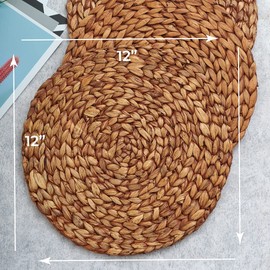 (4 Sizes: 12"-13"-14"-15") BARIEN Brown Woven Placemats Round Natural Water Hyacinth Weave Large Handmade Heat Resistant Non-Slip for Dining Table (12" - Set of 6)